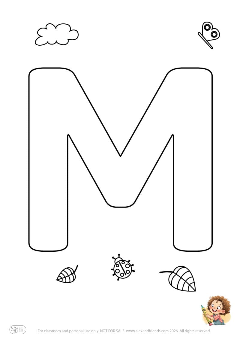 Letter M. Printable English alphabet coloring pages for children learning letters