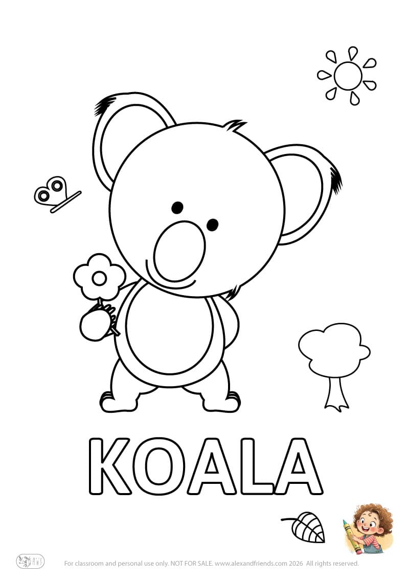 Letter K - KOALA. Printable English alphabet coloring pages for children learning letters