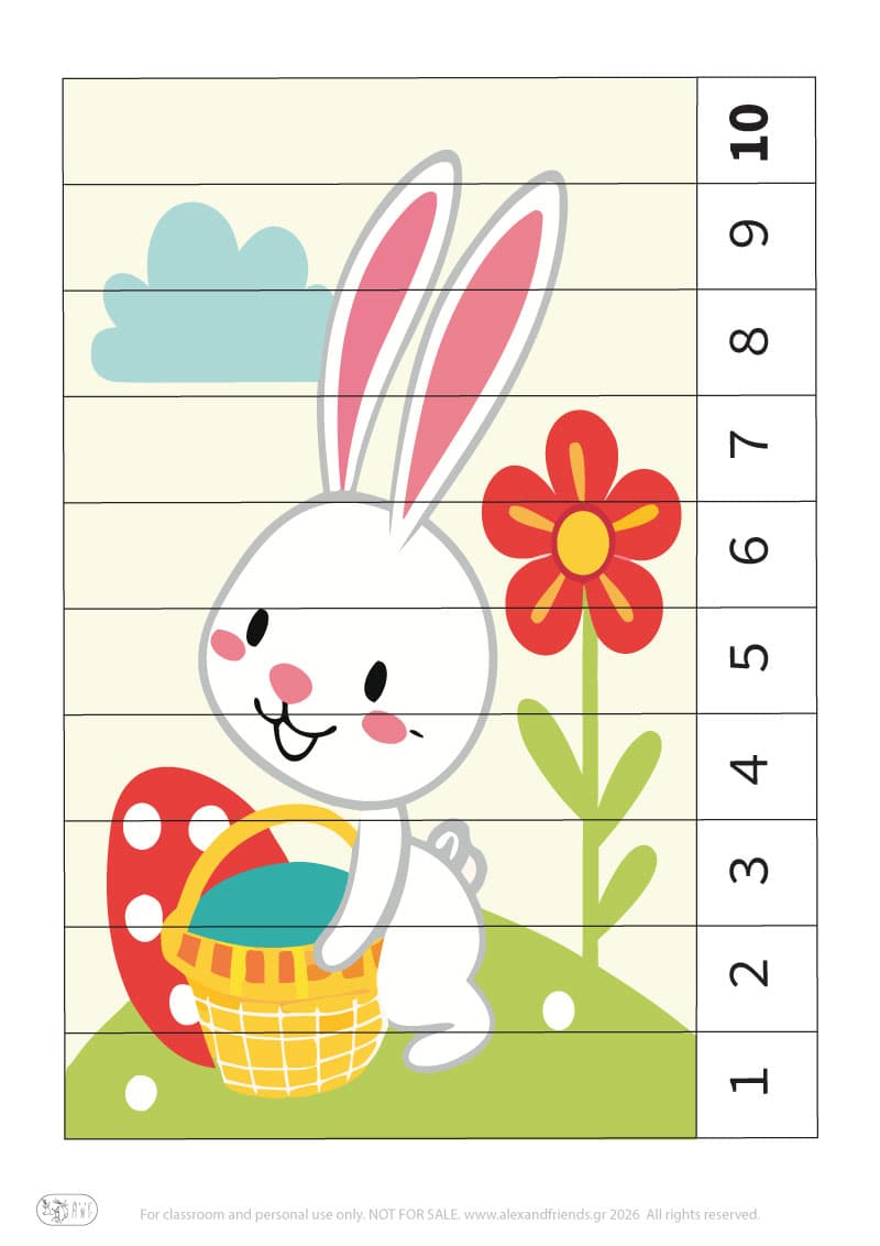 Easter bunny- numbers 1-10. Colorful Easter number puzzle printable for preschool children learning numbers