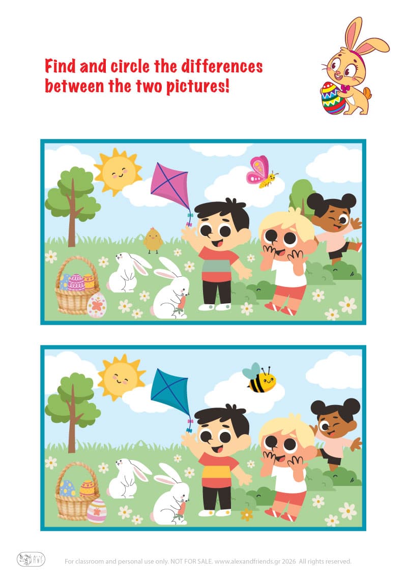 Find the diffrences. Printable Easter preschool worksheet 