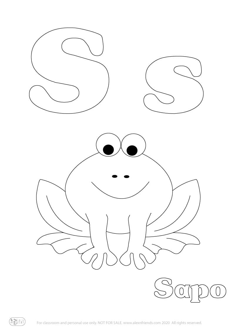 Εκμάθηση της Iσπανικής αλφάβητου για παιδιά. Δωρεάν εκτυπώσιμο φύλλο ζωγραφικής με το γράμμα S s και βάτραχος