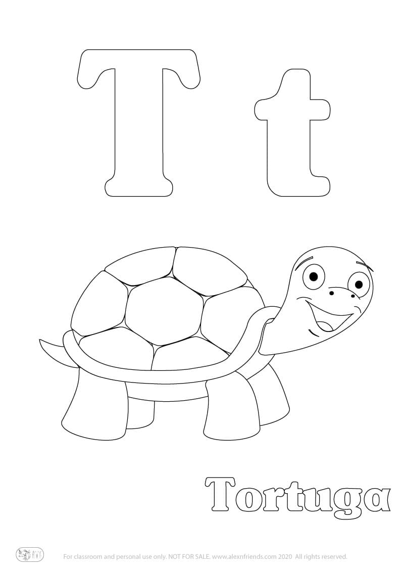 Εκμάθηση της Iσπανικής αλφάβητου για παιδιά. Δωρεάν εκτυπώσιμο φύλλο ζωγραφικής με το γράμμα T t και χελώνα