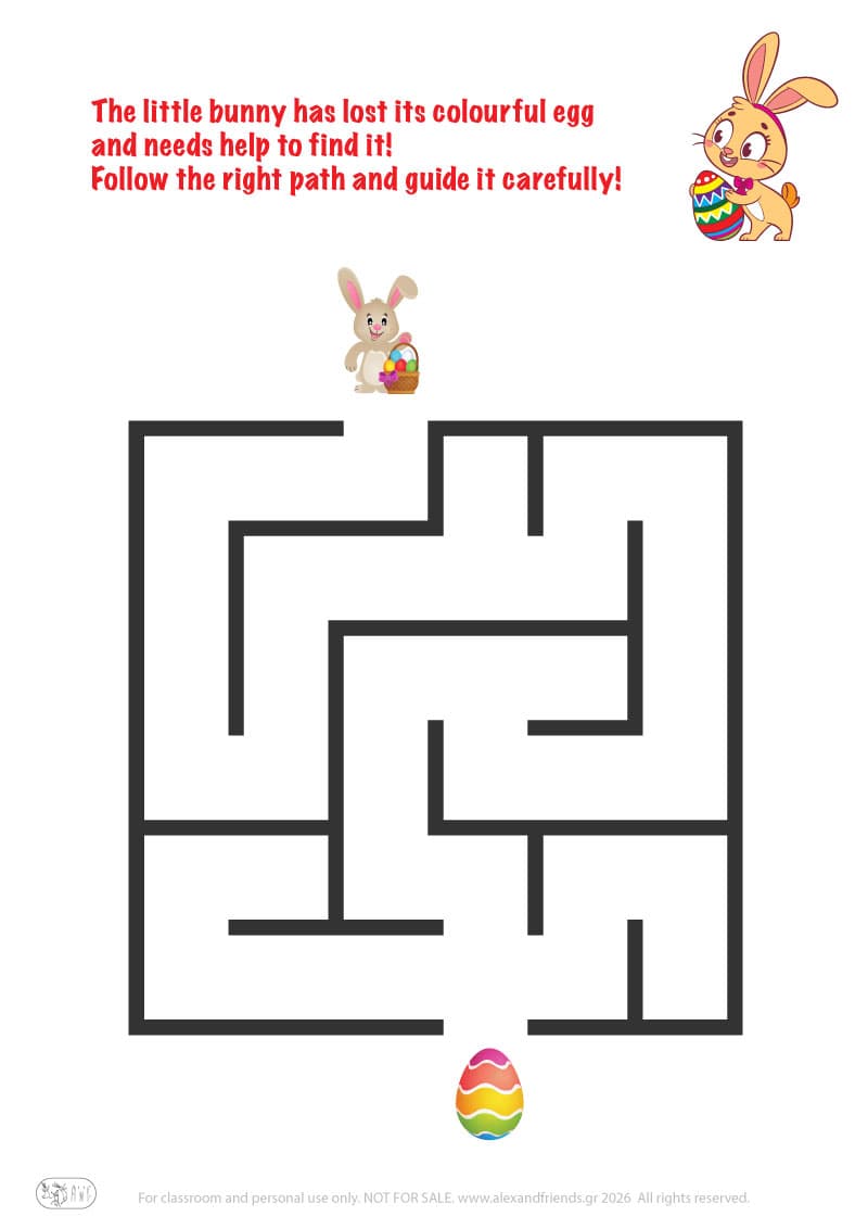 Bunny and Easter egg. Easter maze worksheets for kids 