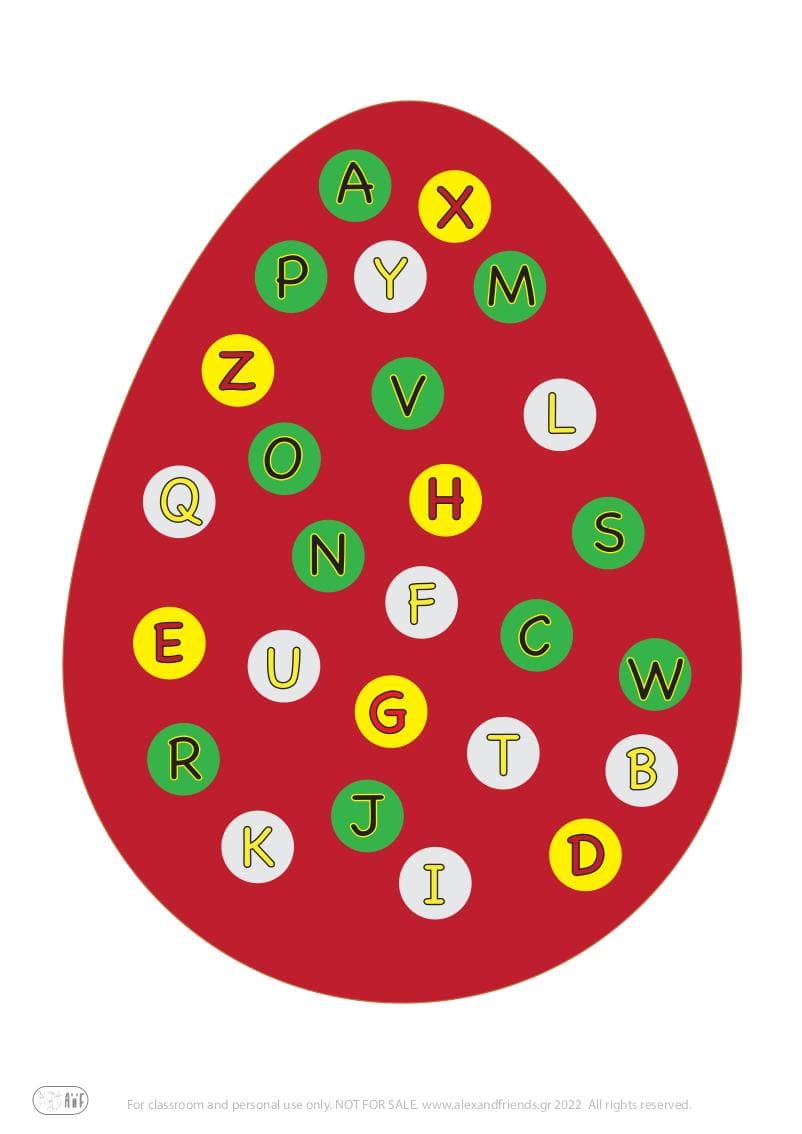 Free printable page. Easter egg with english alphabet. Learning the english letters.