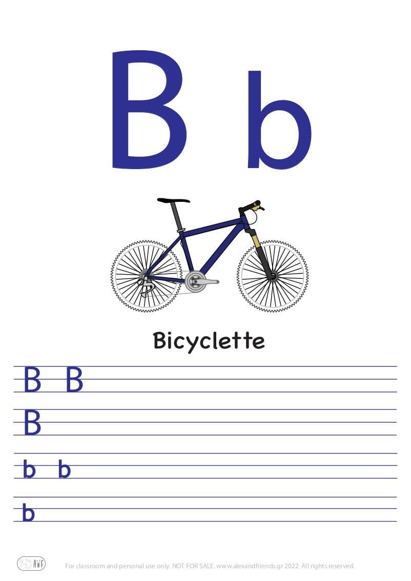 French alphabet. Free printable writing exercise for the letter B b and a bicycle.