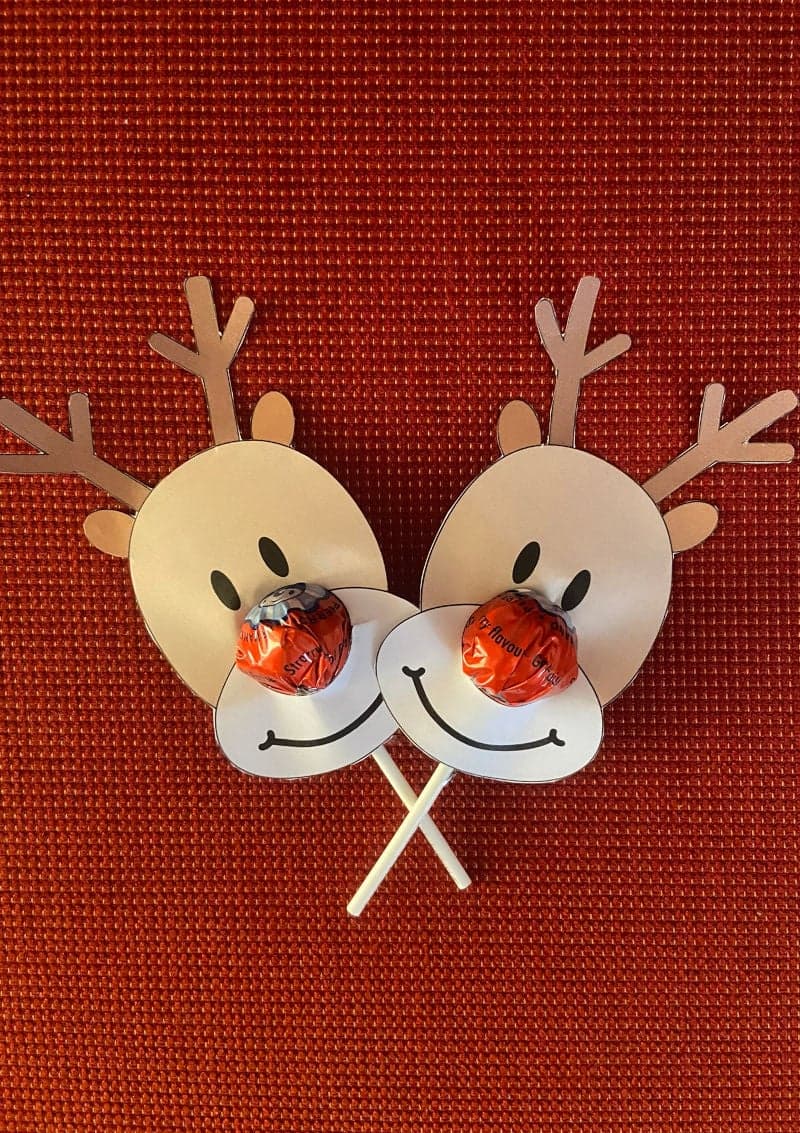 Free printable craft for kids for the holidays. Christmas and New Year's. Rudolf red nose lollipop reindeer.