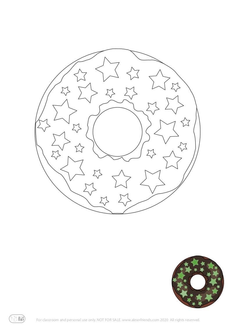 Free coloring page for kids. Learning shapes and colors. Donut. Circle and stars.