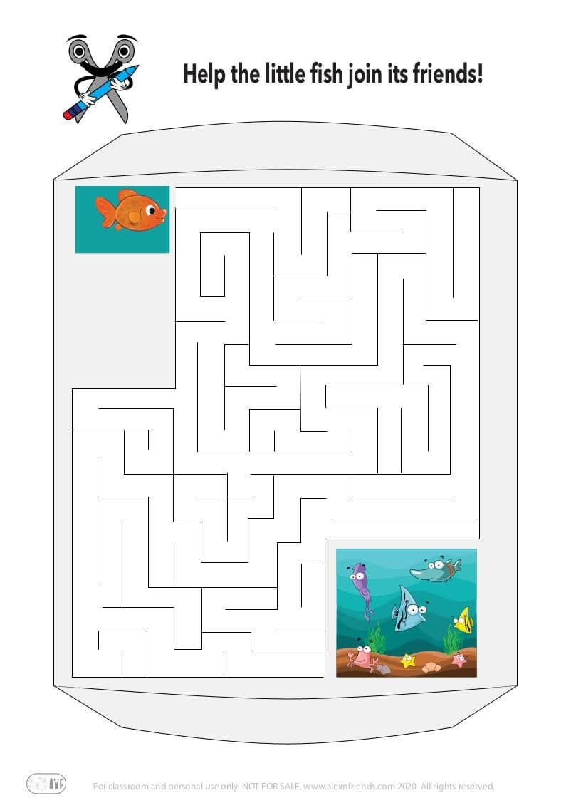 Educational activity for preschoolers. Free printable maze. Fish and friends.
