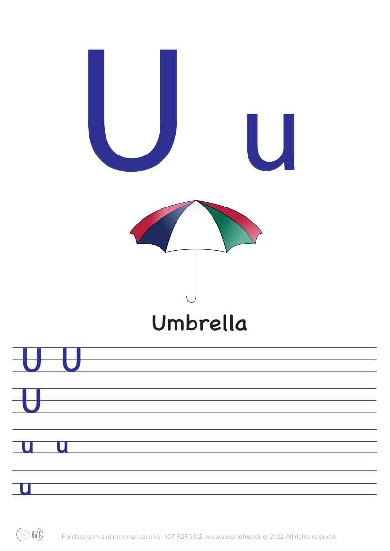 English alphabet. Free printable writing exercise for the letter U u and an umbrella.