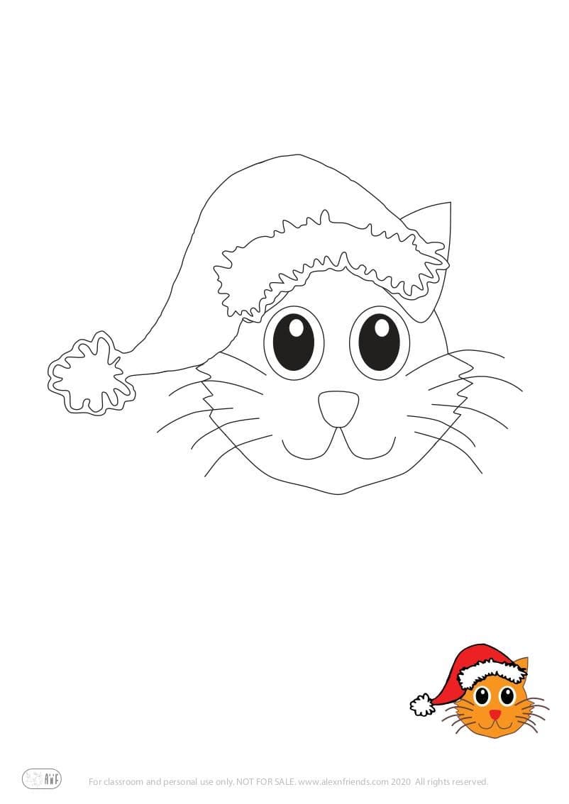 Free printable holiday coloring page for kids. Christmas and New Year. Cat with Santa Claus' hat.