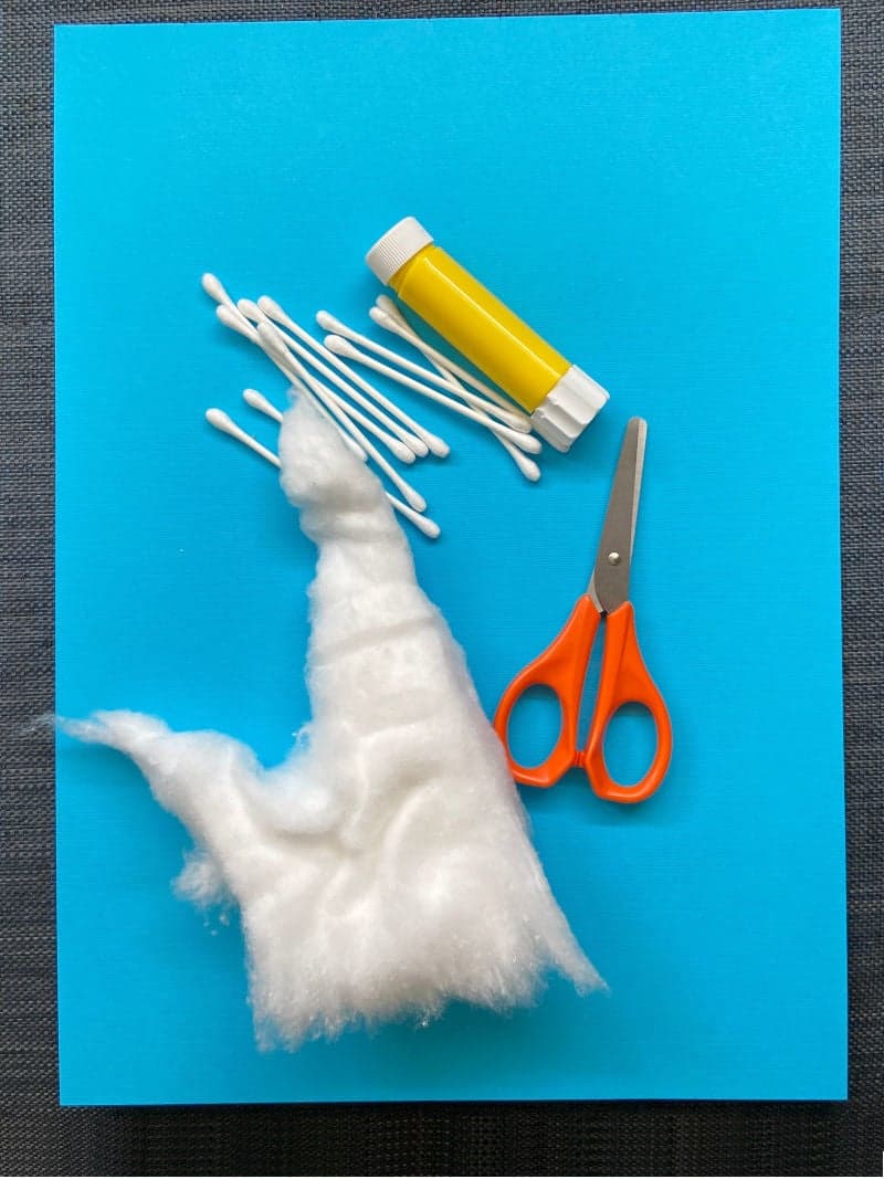 Crafts for kids. Educational material. Educational play. Clouds. Rain. Cotton. Q-tips. Glue. Scissors. Blue paper high density.