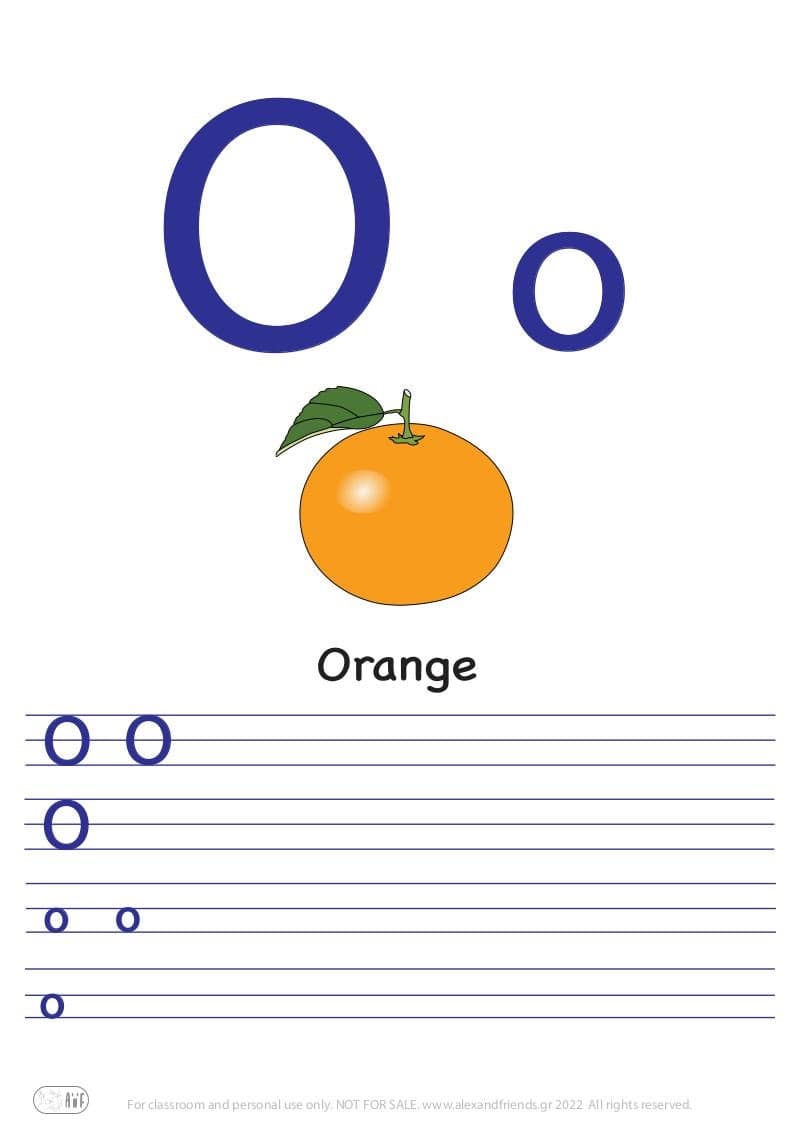 French alphabet. Free printable writing exercise for the letter O o and an orange.