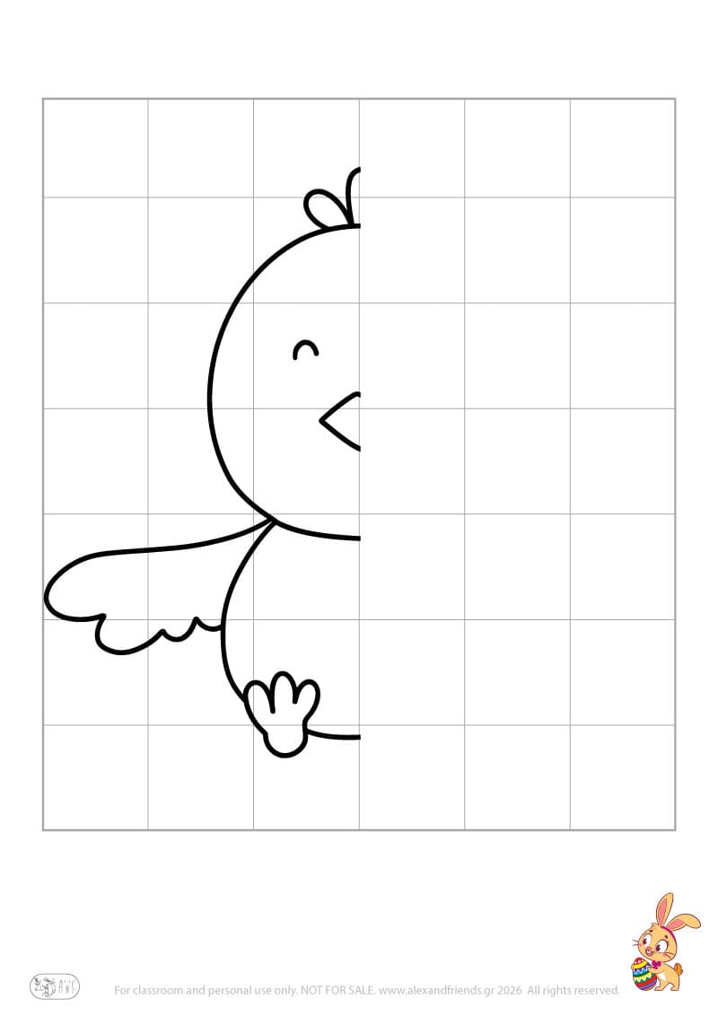 Easter symmetry drawing worksheet showing half for preschool children to complete