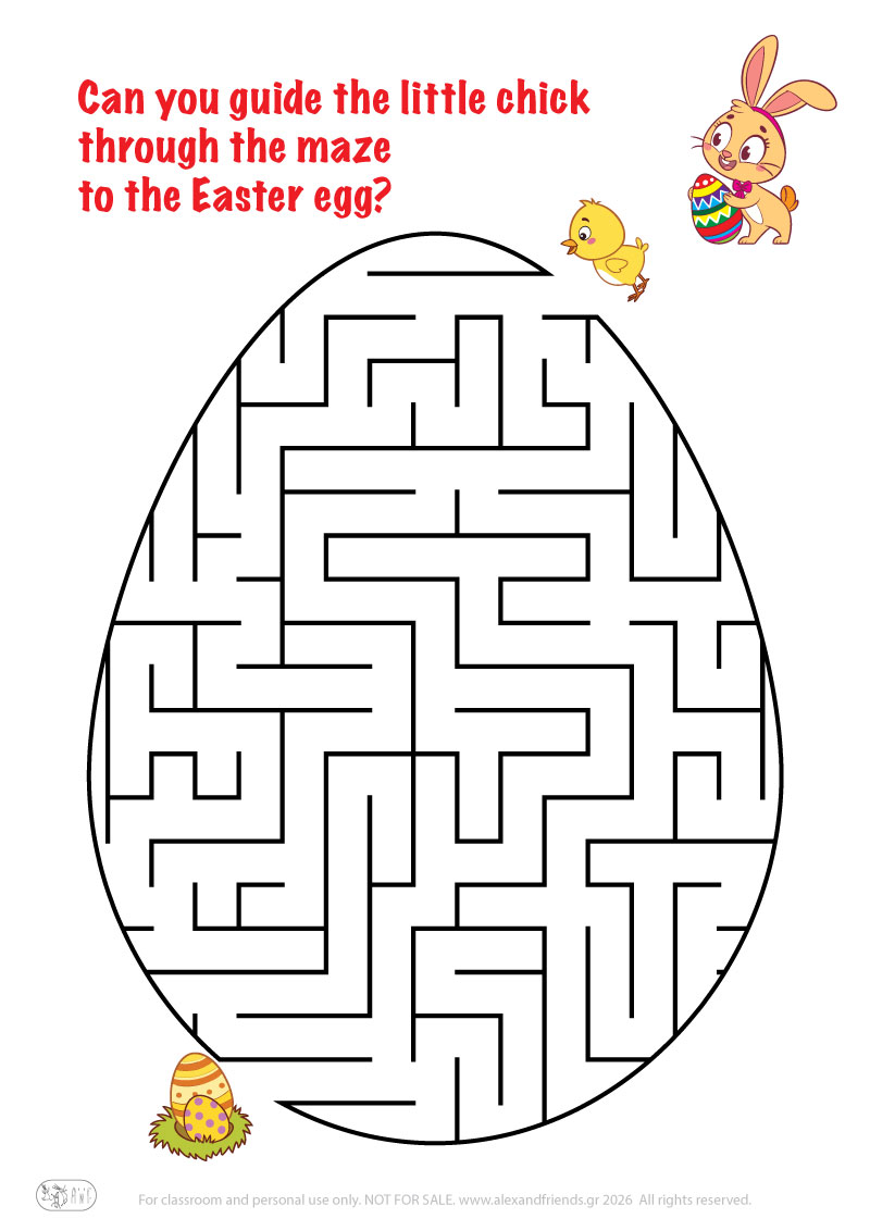 Chick and Easter egg. Easter maze worksheets for kids 