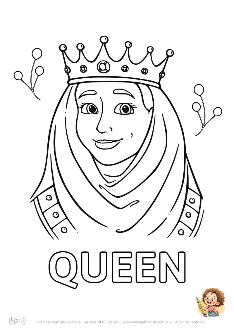 Letter Q - QUEEN. Printable English alphabet coloring pages for children learning letters