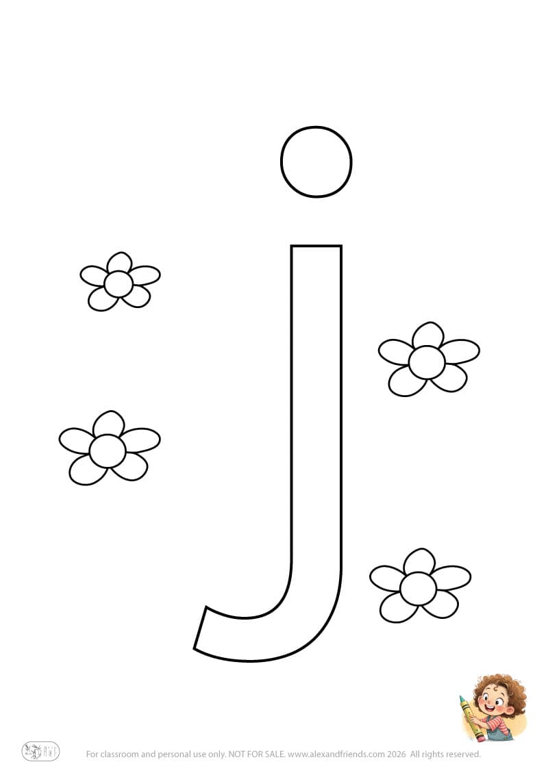 Letter j. Printable English alphabet coloring pages for children learning letters