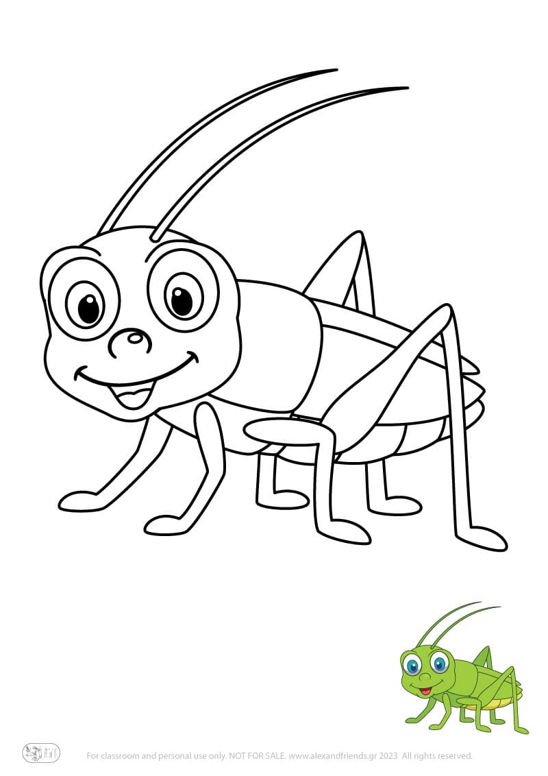 Free Coloring Pages for kids toddlers preschool kindergarten. Grasshopper.