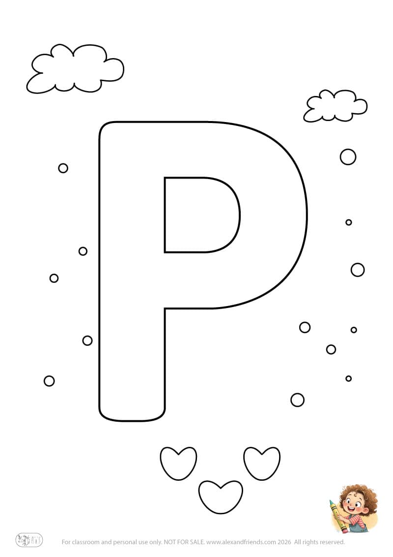Letter P. Printable English alphabet coloring pages for children learning letters