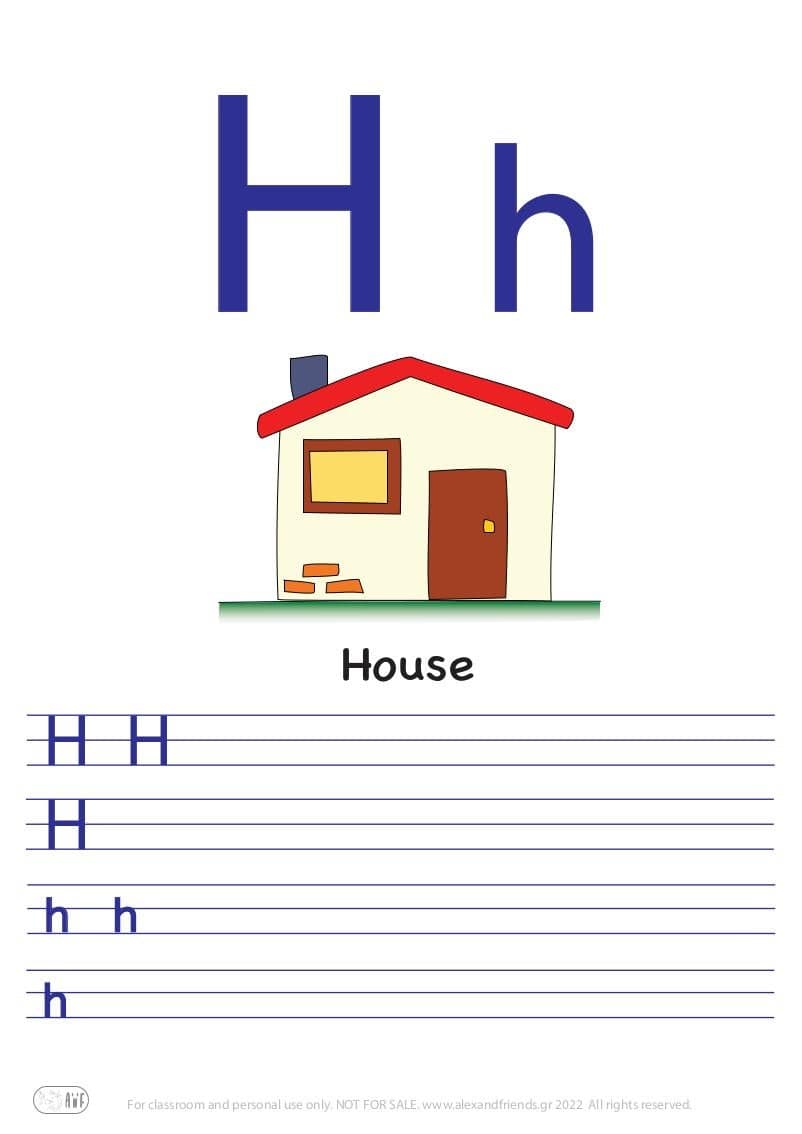 English alphabet. Free printable writing exercise for the letter H h and a house.