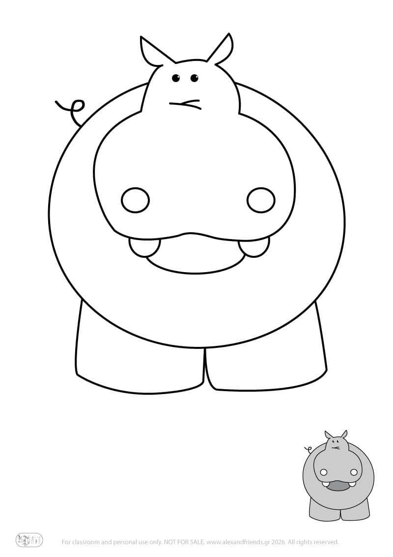 Learning activity for kids. Free printable coloring page of a hippo