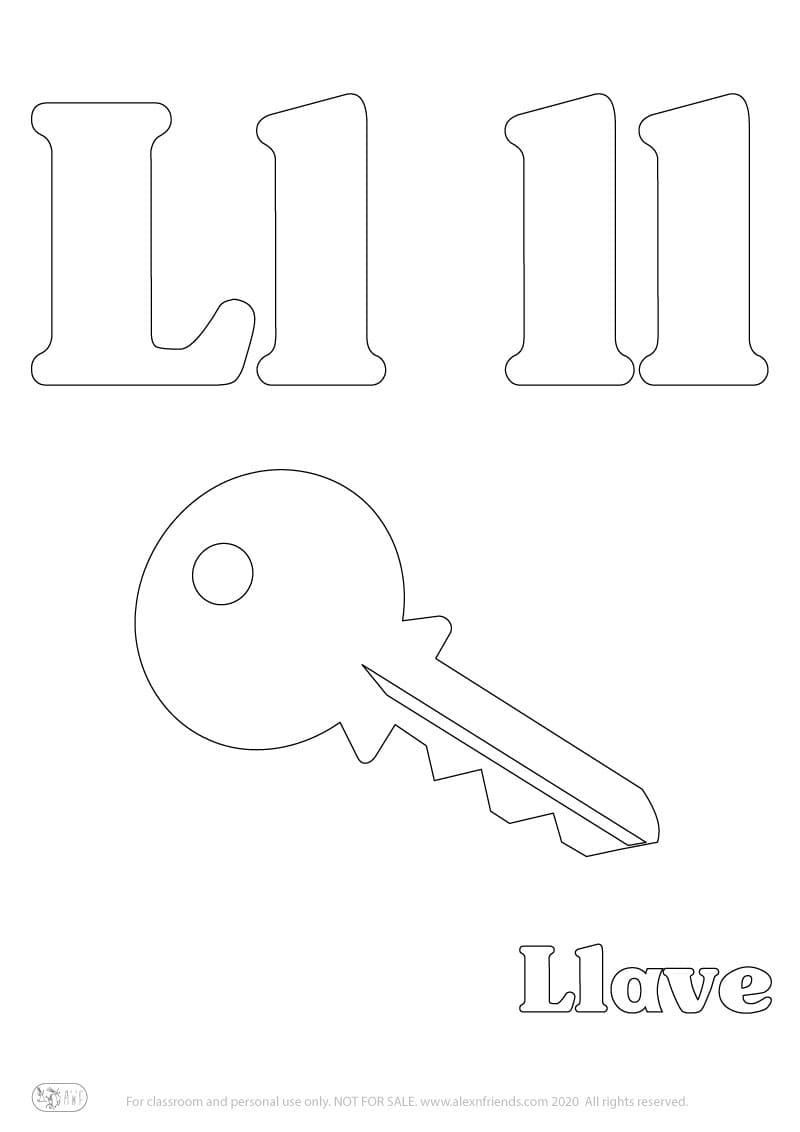 Εκμάθηση της Iσπανικής αλφάβητου για παιδιά. Δωρεάν εκτυπώσιμο φύλλο ζωγραφικής με το γράμμα ll και κλειδί