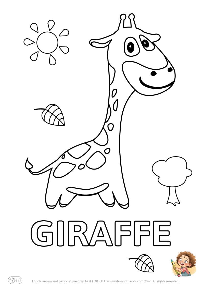 Letter G - GIRAFFE. Printable English alphabet coloring pages for children learning letters