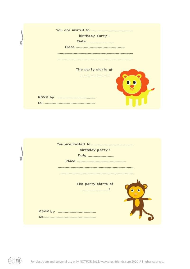 Free printable kid's birthday invitation in english with lion and monkey in yellow background.