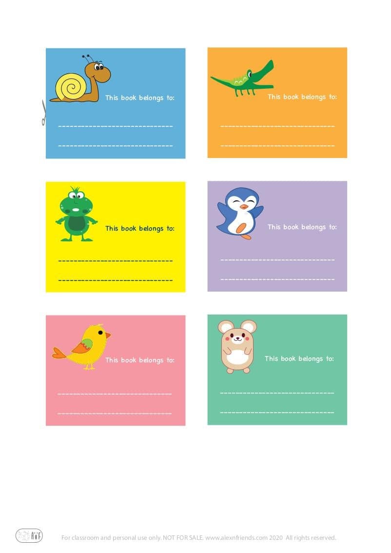 Free printable cute stickers for kids with animals in english. This book belongs to: