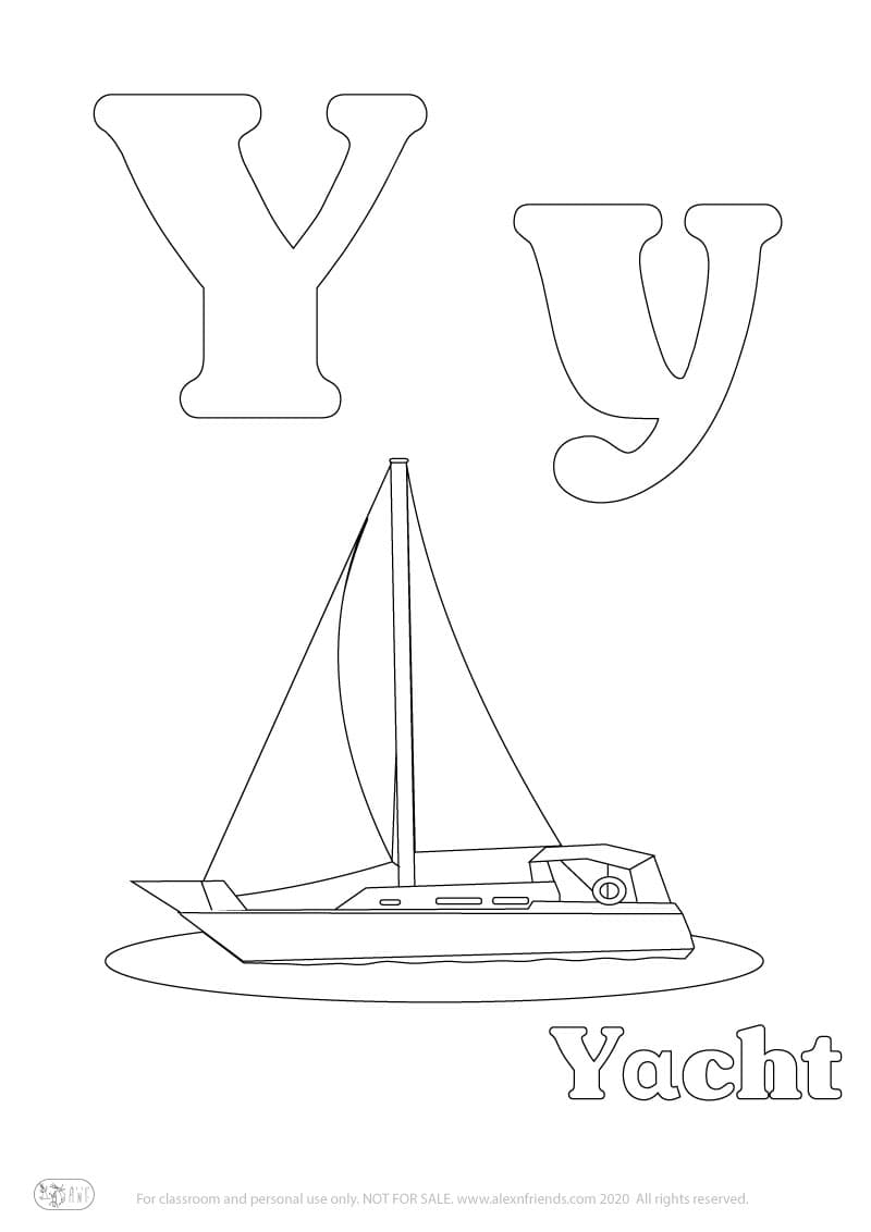 Learning english alphabet for kids. Free printable coloring page with letter Y y and a yacht