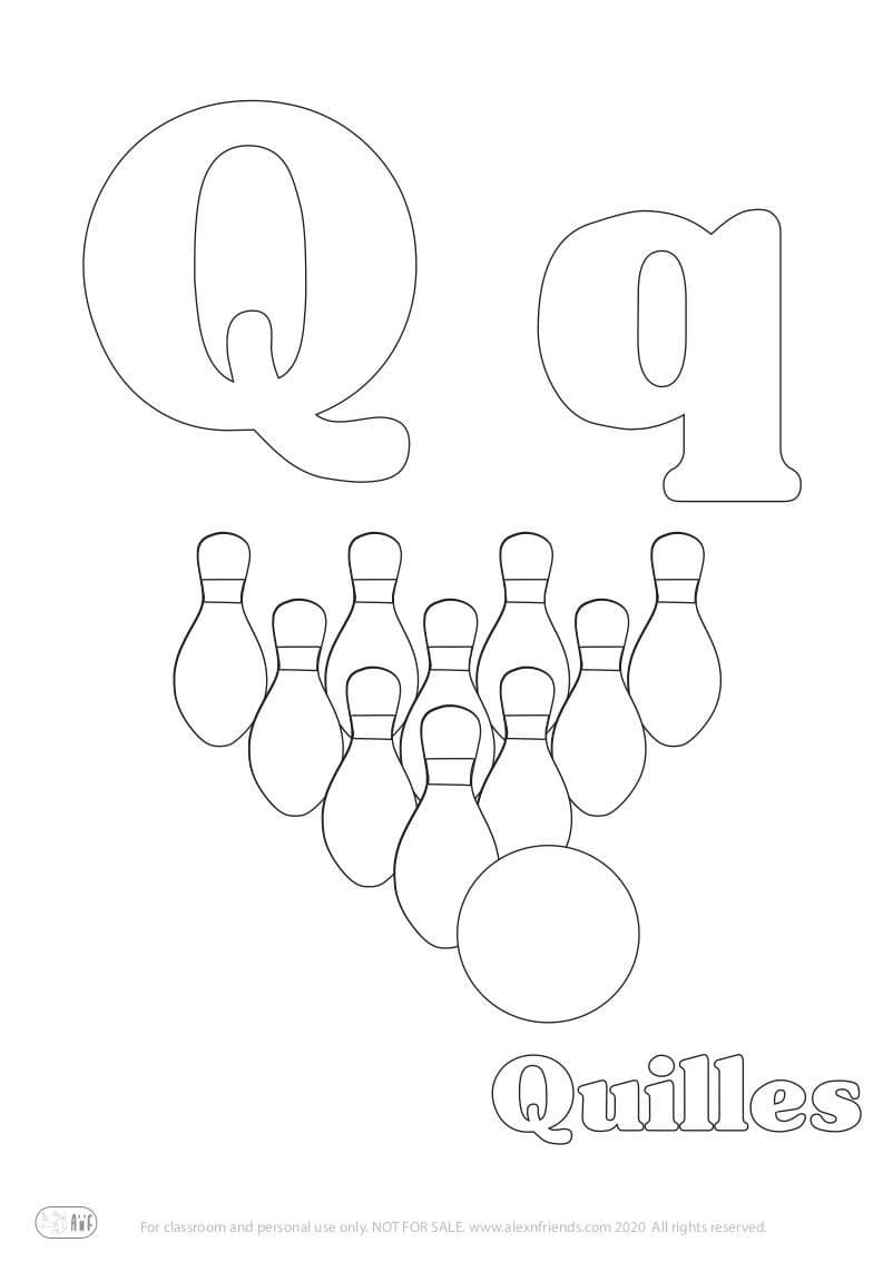 Learning french alphabet fro kids. Free printable coloring page with letter Q q and bowling pints