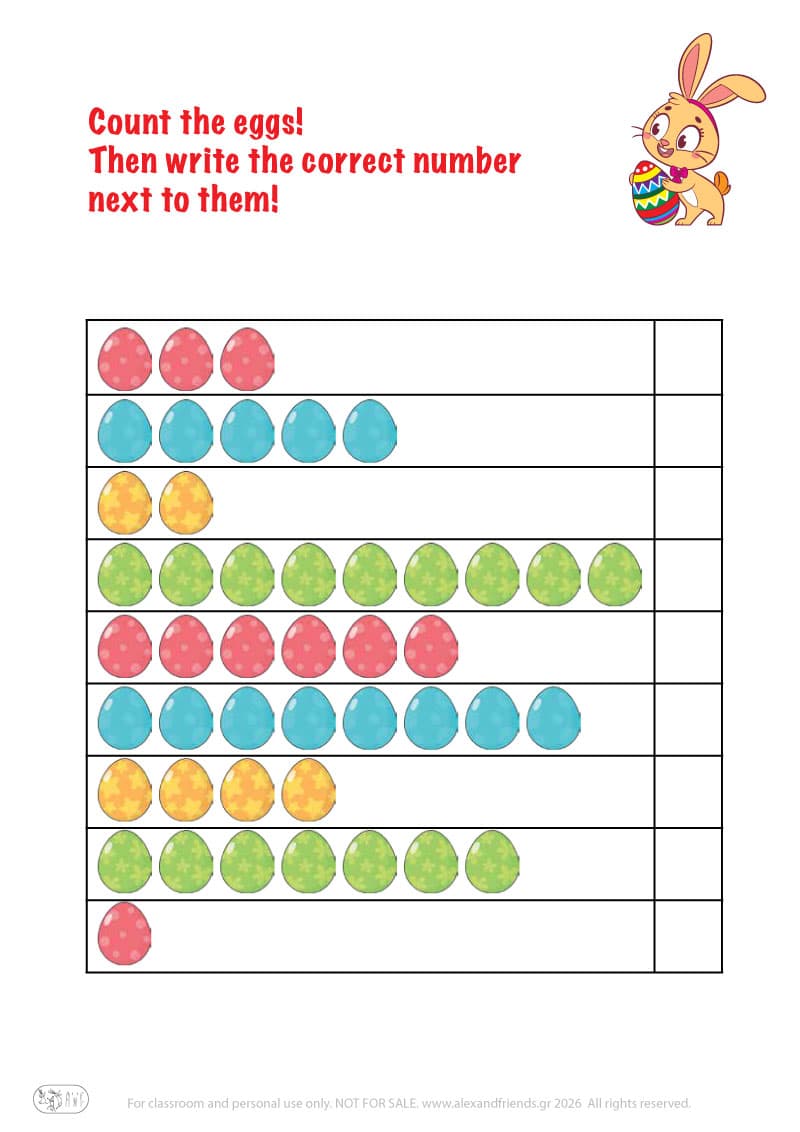 Count the Eggs. Printable Easter preschool worksheet 
