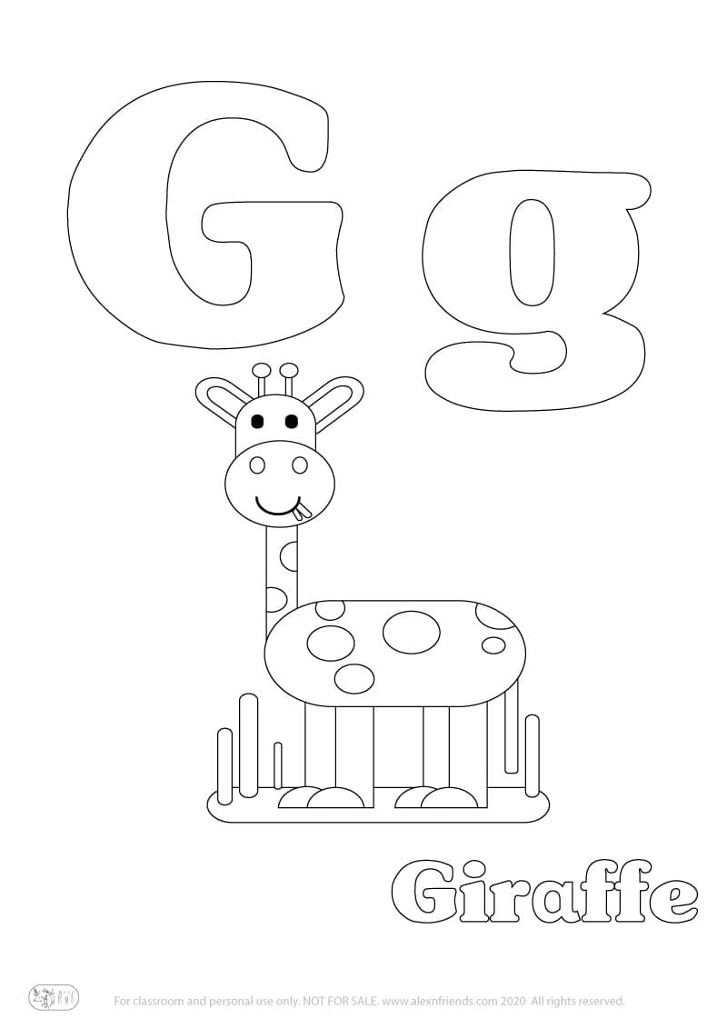 Learning english alphabet for kids. Free printable coloring page and letter G g and a giraffe