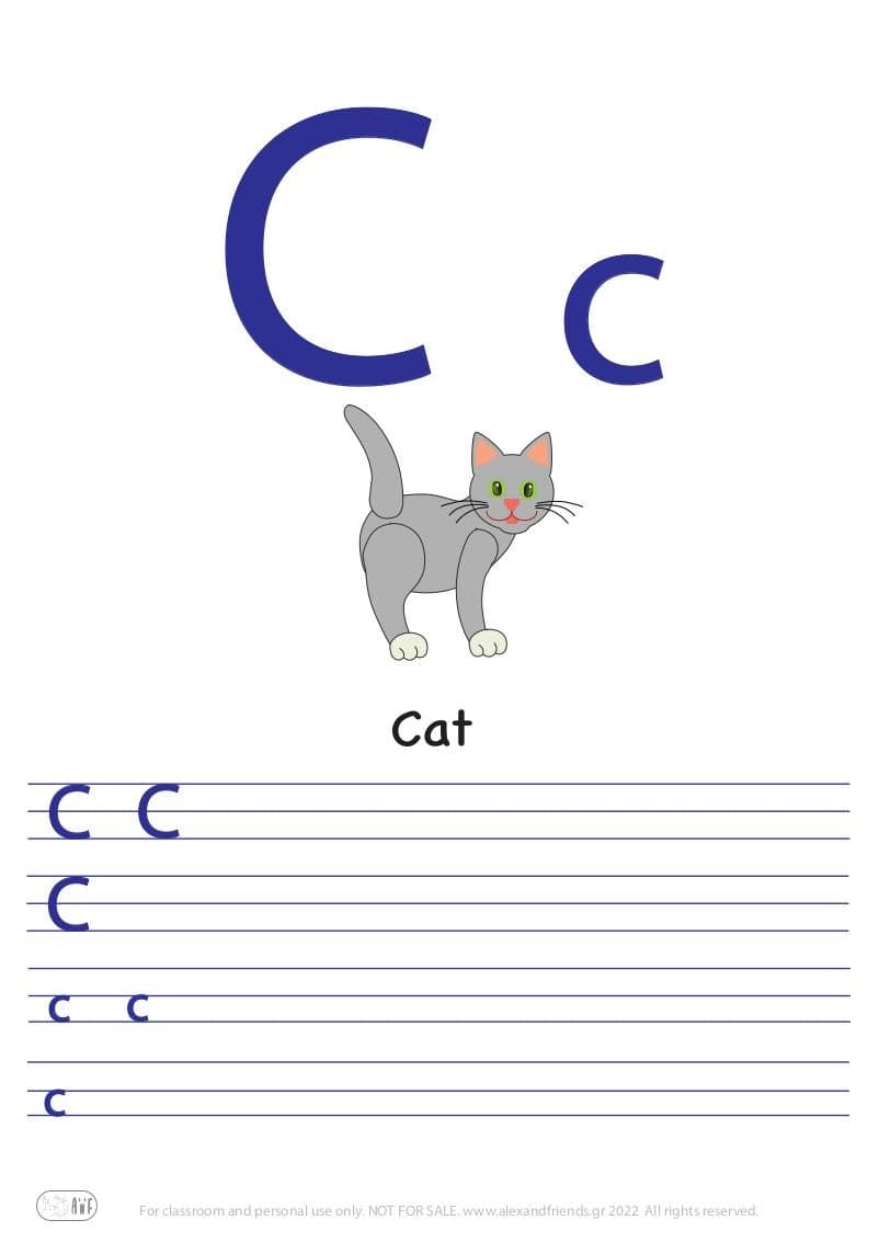 English alphabet. Free printable writing exercise for the letter C c and a cat.