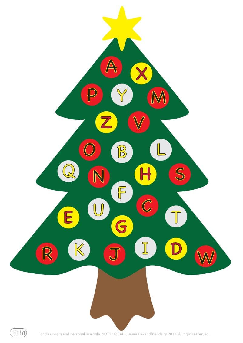 Free printable learning activity for kids for the holidays. Christmas and New Year's. English alphabet Christmas tree.