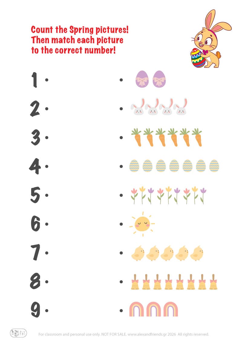 Count the pictures. Printable Easter preschool worksheet 