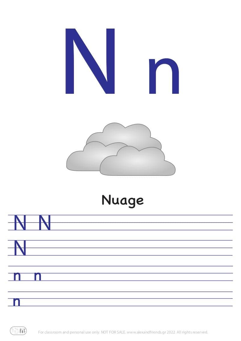 French alphabet. Free printable writing exercise for the letter N n and a cloud.
