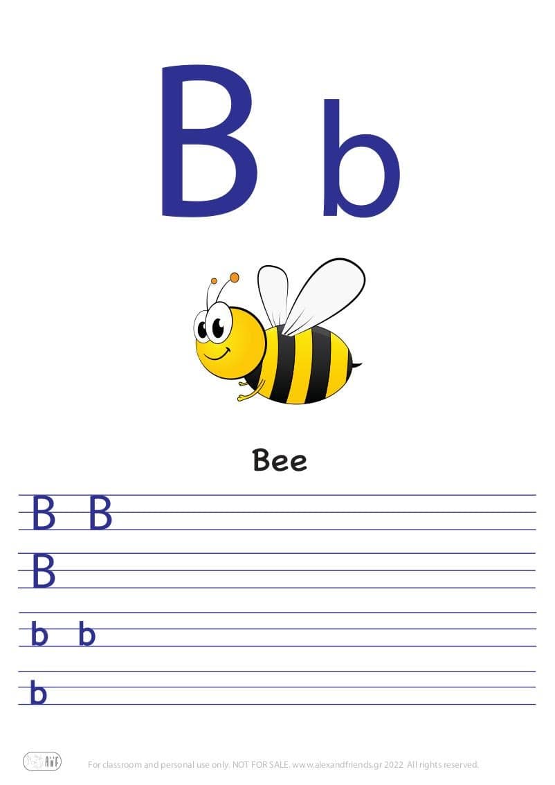 English alphabet. Free printable writing exercise for the letter B b and a bee.