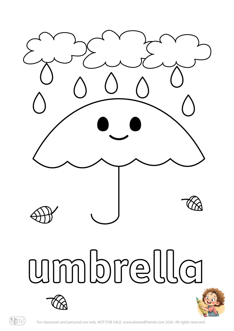 Letter u - umbrella. Printable English alphabet coloring pages for children learning letters