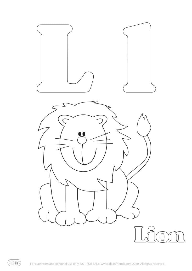 Learning english alphabet for kids. Free printable coloring page with letter L l and a lion