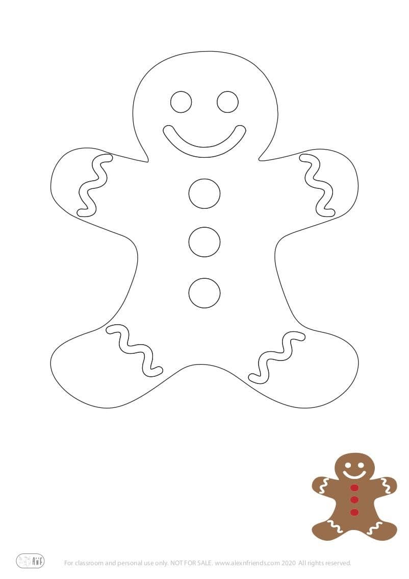 Free printable holiday coloring page for kids. Christmas and New Year. Gingerbread man cookie.