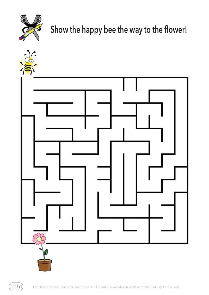Educational activity for preschoolers. Free printable maze. Bee and flower.