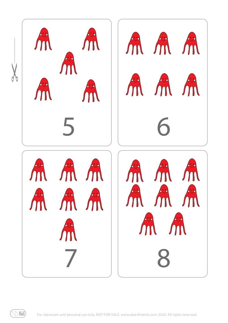 Xαρούμενες δωρεάν εκτυπώσιμες κάρτες με χταποδάκια για παιδιά για την εκμάθηση των αριθμών 5, 6, 7, 8