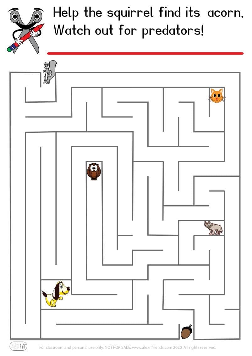 Educational activity for preschoolers. Free printable maze. Squirrel and acorn.