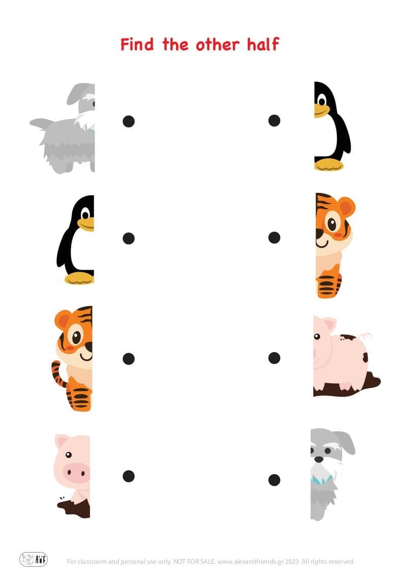 Matching exercise for kids. Educational material. Free printable. Dog, penguin, tiger, pig.