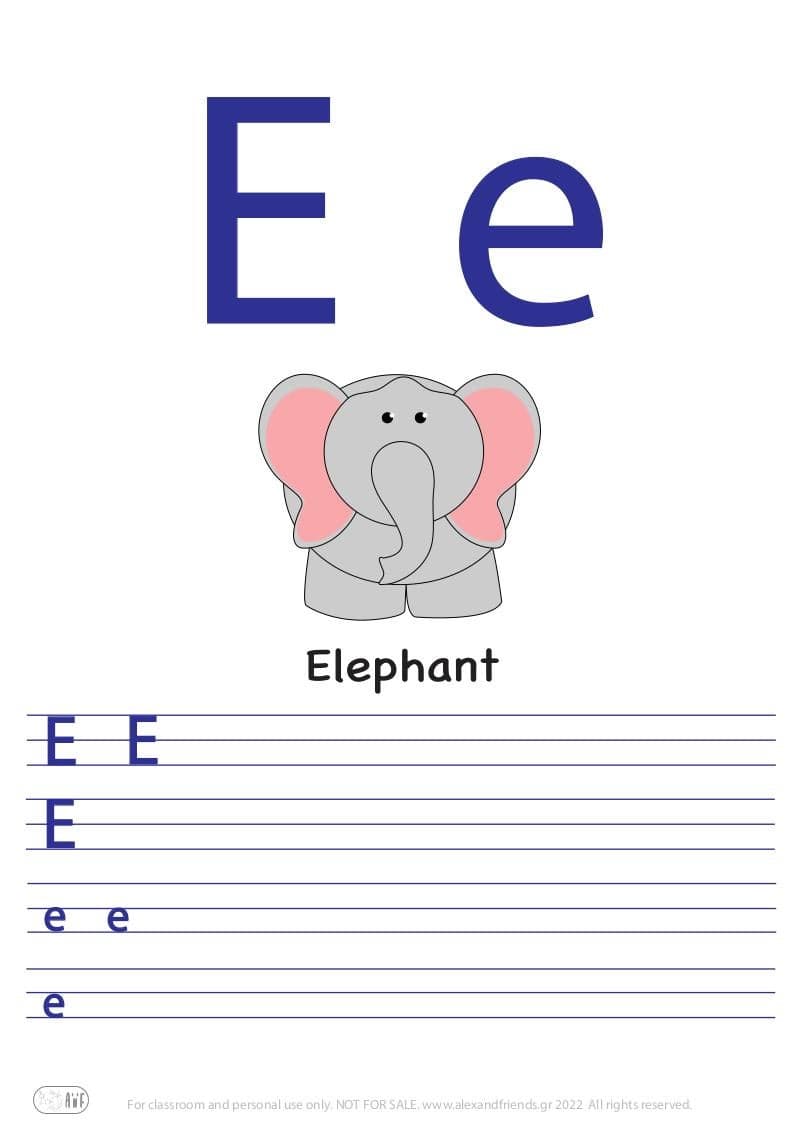English alphabet. Free printable writing exercise for the letter E e and an elephant.