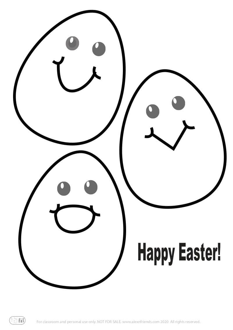 Free printable coloring page for Easter for kids. 3 smiling eggs.