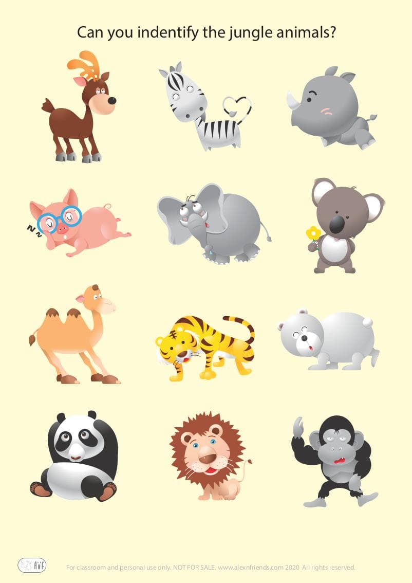 Educational play for preschoolers. Identify jungle animals. Free printable sheet.