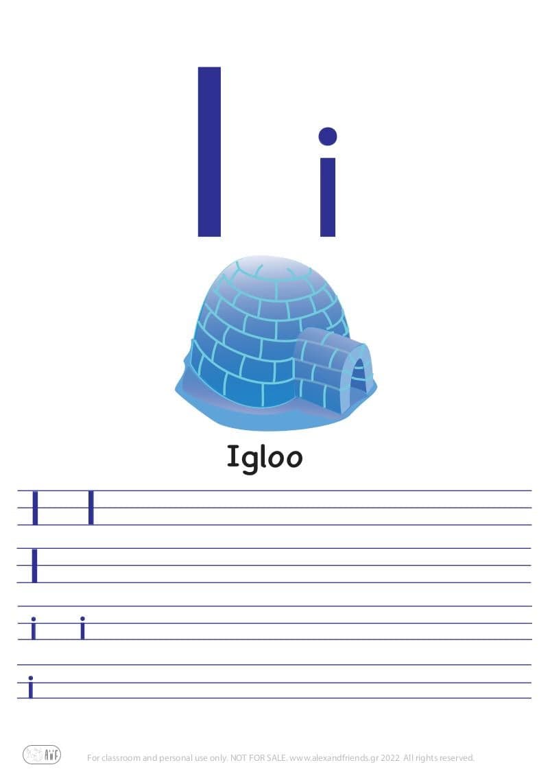 French alphabet. Free printable writing exercise for the letter I i and a igloo.