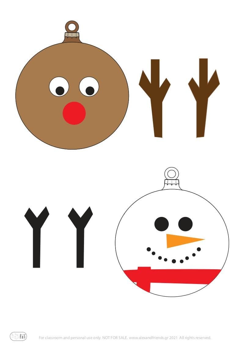 Free printable craft for kids for the holidays. Christmas and New Year's. Christmas tree balls. Reindeer, snowman.