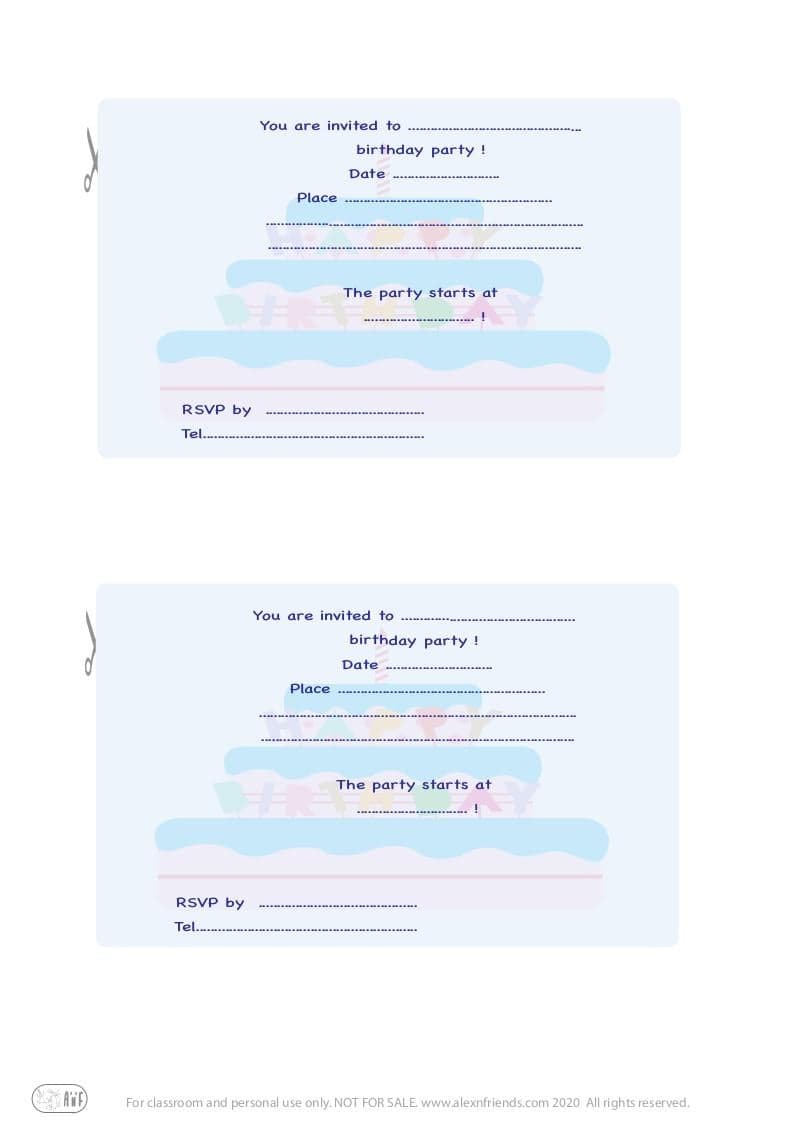 ree printable kid's birthday invitation in english with birthday cake in blue background.